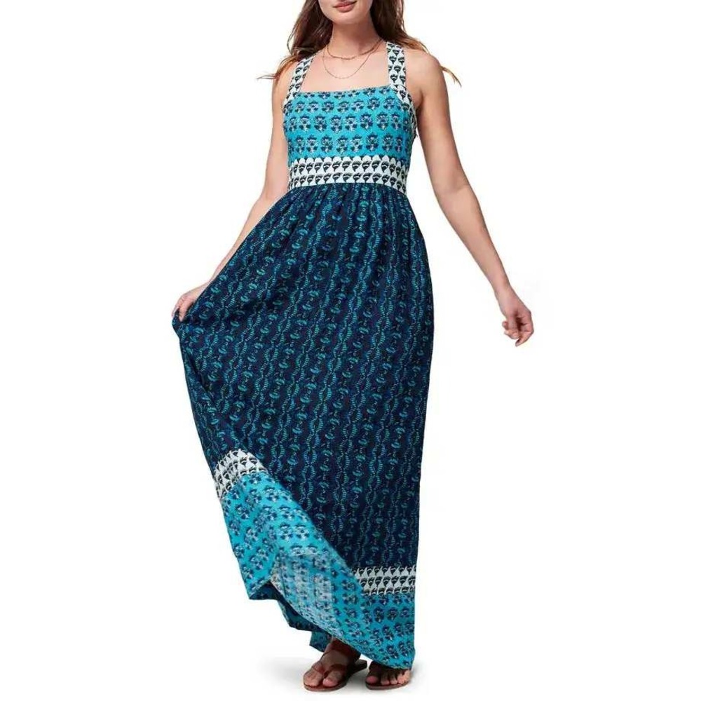Faherty Gracie Dress Bali Blue Block Print Linen Maxi WDU2244-BBB Womens Medium